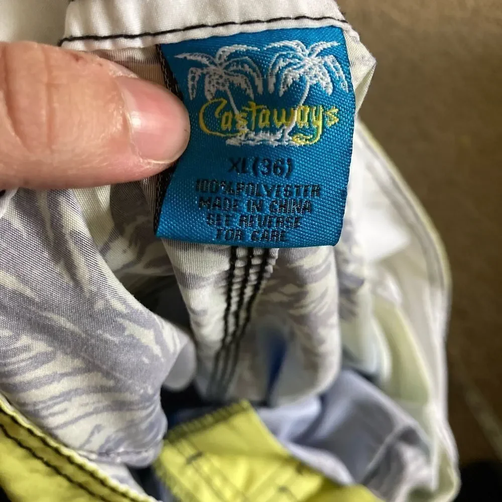 Mens Castaways Colorful Blue and Pink Palm Tree Swim Trunks